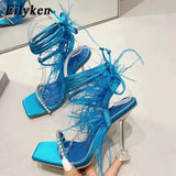 Eilyken New Design Womens Sandals Fashion Fuzzy Feather Summer Transparent High Heels Sexy Nightclub Stripper Shoes Purple Green