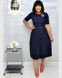 New Plus size women's Summer Style Elegant Ladies  fashion short sleeve pleated high waist Dresses ladies  dress for women