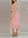 Womens Dresses New Summer Fashion Beaded Off Shoulder Ruffles Slit Hem Elegant Plain Short Sleeve Skinny Midi Party Dress