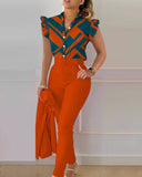 Womens Elegant Slim Two-Piece Sets Summer Fashion Print V Neck Button Flying Sleeve Shirt Top & Solid Long Pants Suits With Belt