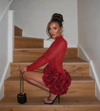 Women Sexy Red 3D Flowers Dress Sets Y2K Fishbone Bandage Adjustable Tube Top Flower Mini Skirt Suit High Street Women Outfits