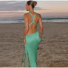 Green Knit Hollow Out Beach Long Dress Women Sexy Halter Backless Sleeveless Split Party Dresses 2025 Summer Lady Holiday Robe
