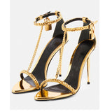 Metal Decor Heeld Sandals Pointed Toe Gold Heels Chain Ankle Buckle Strap Women luxury Designer Shoes Summer Handmade Tacones