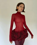Women Sexy Red 3D Flowers Dress Sets Y2K Fishbone Bandage Adjustable Tube Top Flower Mini Skirt Suit High Street Women Outfits
