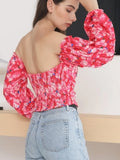 Elegant Floral Blouses For Women Sexy Backless Off Shoulder Crop Top Youth White Blouse Fashion Summer Women Clothing 2024