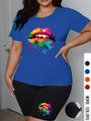 Plus Size Women 2 Piece Shorts Set Short Sleeve T-shirt Elastic Summer Graphic Print Street Oversize Chic Two Piece Outfits