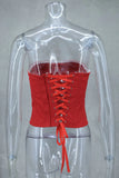 Women Sexy Red 3D Flowers Dress Sets Y2K Fishbone Bandage Adjustable Tube Top Flower Mini Skirt Suit High Street Women Outfits