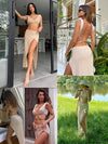 2025 Sexy Two-piece Set V-neck Lace-up Slim Slit Backless Tunic Summer Beach Dress Women Bikini Cover-ups Knit Maxi Dress A2344