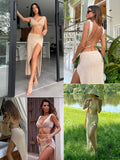 2025 Sexy Two-piece Set V-neck Lace-up Slim Slit Backless Tunic Summer Beach Dress Women Bikini Cover-ups Knit Maxi Dress A2344