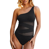 Plus Size Swimsuits Women One Shoulder Slim Swimwear For Women Mesh Solid Black Red Blue Push Up Padded Bathing Suits M-3xl 4xl