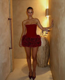 Women Sexy Red 3D Flowers Dress Sets Y2K Fishbone Bandage Adjustable Tube Top Flower Mini Skirt Suit High Street Women Outfits