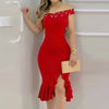 Womens Dresses New Summer Fashion Beaded Off Shoulder Ruffles Slit Hem Elegant Plain Short Sleeve Skinny Midi Party Dress
