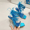 Eilyken New Design Womens Sandals Fashion Fuzzy Feather Summer Transparent High Heels Sexy Nightclub Stripper Shoes Purple Green