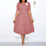New Plus size women's Summer Style Elegant Ladies  fashion short sleeve pleated high waist Dresses ladies  dress for women