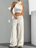 Women's Clothing Summer Casual Solid Color 2 Piece Set New Backless Cross-chest Wrapping Sexy Tank Top & Wide-leg Trousers Pants