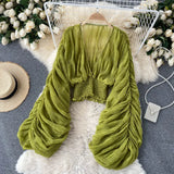 Women Blouse Sexy Deep V Neck Tops Full Puff Sleeve Tight Waist Top Shirts Slim Fit Blouses Elegant Splice Pleated Shirt