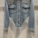 Chic Rhinestoness Tassels Beaded Denim Coat Bareback Diamonds Fringed Jeans Jacket Crystal Cardigan Streetwear Jaquetas