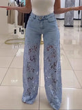 Plus Size Women's Stretch Denim Jeans With Cut-Out Lace Splicing Summer New High Waist Wide Pants Elegant Female Chic Trousers