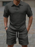 Stylish Short Sleeve Two Pieces Outfits Mens Summer Fashion Plaid Jacquard Lapel Polo Shirt And Shorts Sets Men Two Pieces Suit