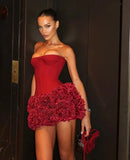 Women Sexy Red 3D Flowers Dress Sets Y2K Fishbone Bandage Adjustable Tube Top Flower Mini Skirt Suit High Street Women Outfits