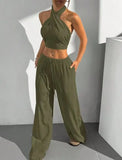 Women's Clothing Summer Casual Solid Color 2 Piece Set New Backless Cross-chest Wrapping Sexy Tank Top & Wide-leg Trousers Pants