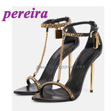 Metal Decor Heeld Sandals Pointed Toe Gold Heels Chain Ankle Buckle Strap Women luxury Designer Shoes Summer Handmade Tacones