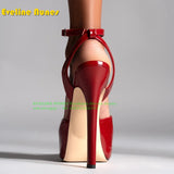 Peep Toe Platform Buckle Strap Red Sandals Pointed Toe Thin Heel Slingback Sexy Women Runway Show Shoes Spicy Girl Party Trend