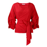 Fashion Blouse for Women 2024 Slash Neck Full Sleeve Sashes Solid Elegant African Ladies Luxury Designer Fashion Shirts Tops