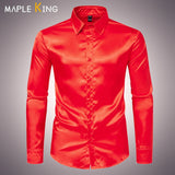 Nightclub Dress Red Satin Shirts Men Clothing Silk Like Long Sleeve Roupas Masculinas Mens Sexy Wedding Party Button Up Shirts