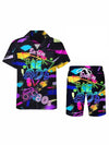 Men 3D Printed Graffiti Pattern Summer Neutral Fashion Casual Rave Party Style Shirt+Short 2 Piece Oversized Hawaiian Shirt Set