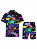 Men 3D Printed Graffiti Pattern Summer Neutral Fashion Casual Rave Party Style Shirt+Short 2 Piece Oversized Hawaiian Shirt Set