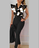 Womens Elegant Slim Two-Piece Sets Summer Fashion Print V Neck Button Flying Sleeve Shirt Top & Solid Long Pants Suits With Belt