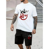 New Men's Short Sleeve Shorts Set Fashion King Printed T-Shirt Shorts 2 Sets of Casual Round Neck Jumper Breathable Sportswear