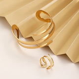 European And American Thick Bracelet And Ring Jewelry Set For Women Gold Color Geometric Line Bracelet Ring Combination Set Gift