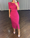 Elegant Party Dresses Women 2024 Summer Casual V-Neck short Sleeve Cinched Waist Rose Decoration Slit Satin French Long Dress