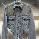 Chic Rhinestoness Tassels Beaded Denim Coat Bareback Diamonds Fringed Jeans Jacket Crystal Cardigan Streetwear Jaquetas