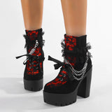 Gdgydh Vintage Gothic Lace Ankle Boots for Women Chunky Heel Side Zipper with Chain Detail Platform Goth Boots High Heels