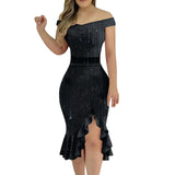 Women'S Party Dress Sexy Off Shoulder Split Ruffle Solid Bodycon Knee-Length Dress Fashion Glitter Party Elegant Dresses Vestido