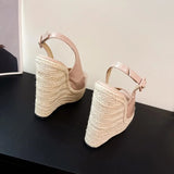 Fashion New Wedges Woven Hemp Rope High Heels Womens Sandals Fish Mouth Platform Back Buckle Strap Thick Soled Shoes Apricot