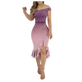 Women'S Party Dress Sexy Off Shoulder Split Ruffle Solid Bodycon Knee-Length Dress Fashion Glitter Party Elegant Dresses Vestido