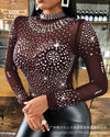 Rheinstone Diamonds Women Blouse Top T Shirt Long Sleeve Summer Fashion Slim