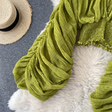 Women Blouse Sexy Deep V Neck Tops Full Puff Sleeve Tight Waist Top Shirts Slim Fit Blouses Elegant Splice Pleated Shirt