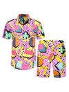 Men 3D Printed Graffiti Pattern Summer Neutral Fashion Casual Rave Party Style Shirt+Short 2 Piece Oversized Hawaiian Shirt Set