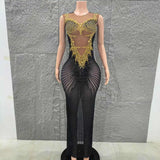 Shinning Golden Crystal Women Sleeveless Sexy Mesh See Through Bodycon Long Dress Celebrate Nightclub Party Birthday Dress