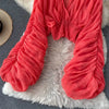Women Blouse Sexy Deep V Neck Tops Full Puff Sleeve Tight Waist Top Shirts Slim Fit Blouses Elegant Splice Pleated Shirt