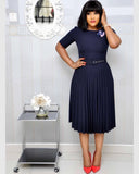 New Plus size women's Summer Style Elegant Ladies  fashion short sleeve pleated high waist Dresses ladies  dress for women