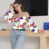 Elegant Floral Blouses For Women Sexy Backless Off Shoulder Crop Top Youth White Blouse Fashion Summer Women Clothing 2024