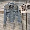 Chic Rhinestoness Tassels Beaded Denim Coat Bareback Diamonds Fringed Jeans Jacket Crystal Cardigan Streetwear Jaquetas