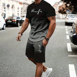 Men's summer sports and casual suit, made of breathable outdoor 100% polyester knitted fabric. It includes a round-neck T-shirt