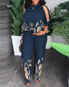 Plus size Two Piece Sets Women Outfit Summer Fashion Plants Print Split Sleeve O-Neck Top Straight Leg Pants Set Streetwear